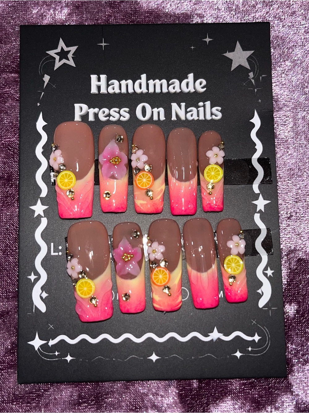 Handmade Pink Ombre Floral Lemon Press-On Nails